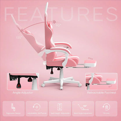 Pink gaming chair with ergonomic design, adjustable back angle, retractable footrest, and 360° swivel for comfort.