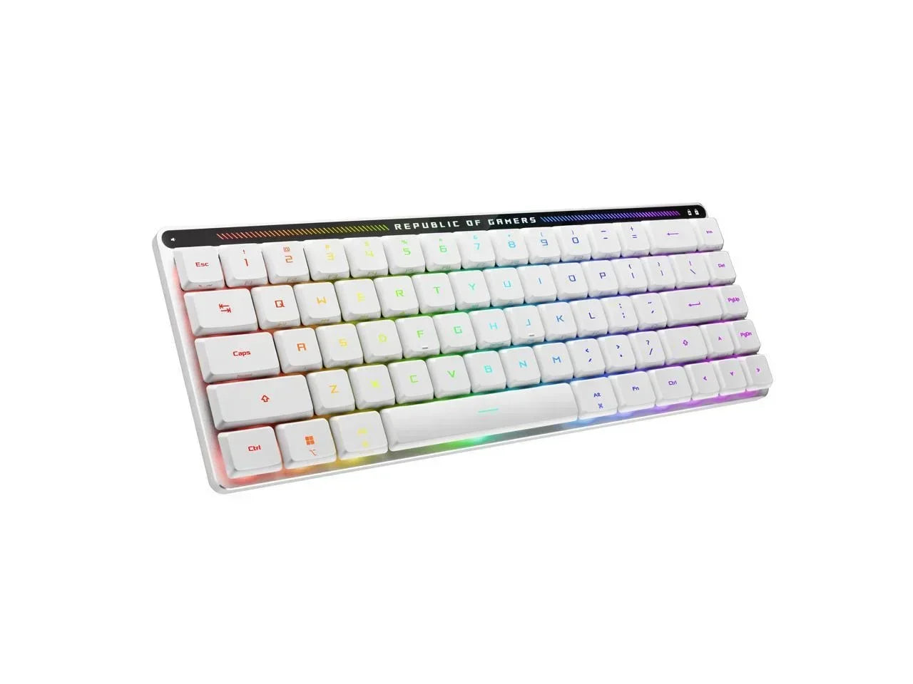 White RGB mechanical gaming keyboard with compact design and Republic of Gamers branding