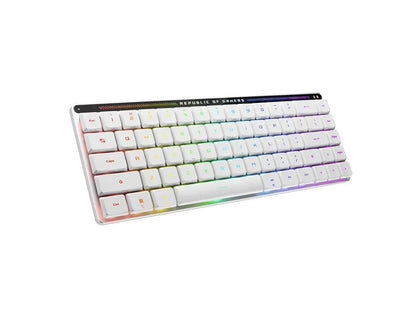 White RGB mechanical gaming keyboard with compact design and Republic of Gamers branding