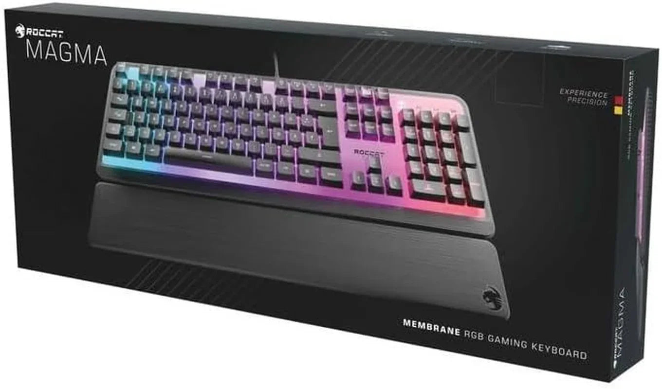 Roccat Magma membrane RGB gaming keyboard retail box with colorful backlit keys