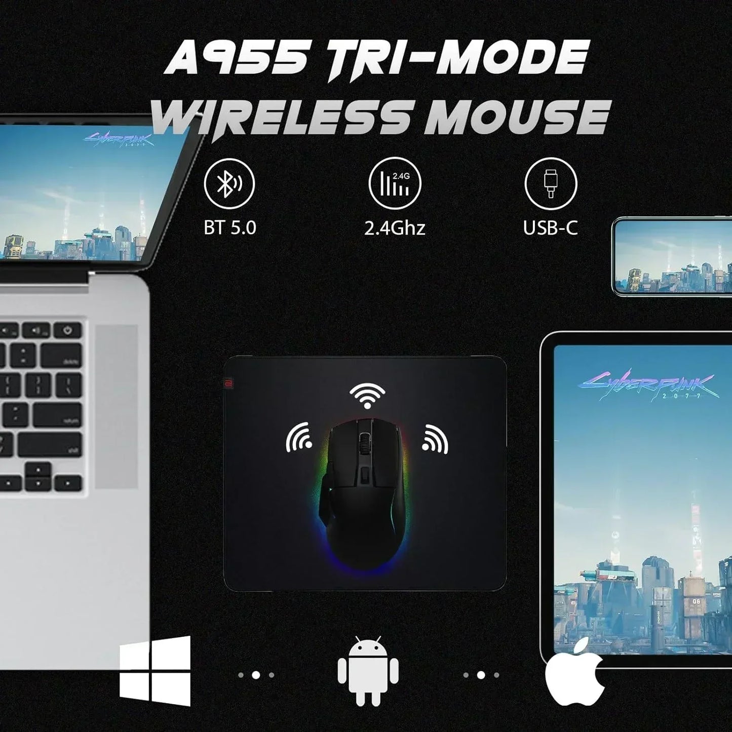 A955 Lightweight Wireless Gaming Mouse with RGB Charging Dock: Tri-Mode 2.4G/USB-C/BT Mouse up to 12K DPI Optical Sensor -KBS II Buttons Fully Programmable- 120 Hr Battery