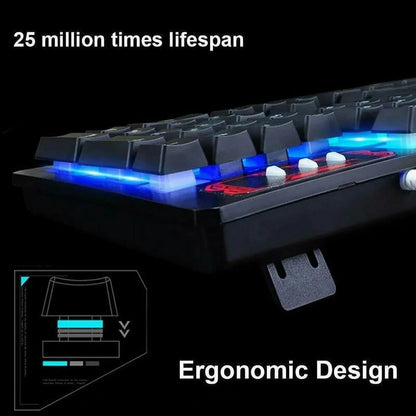 Close-up of a mechanical keyboard with blue LED backlighting and ergonomic design text