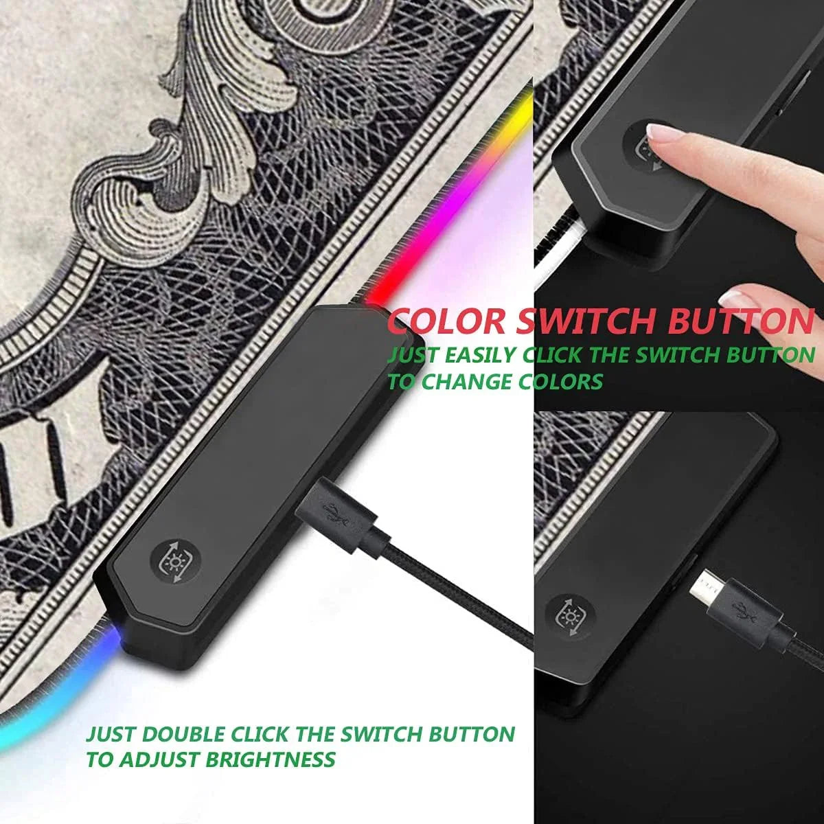 RGB light bar with color switch button and USB connection for customizable brightness and color control
