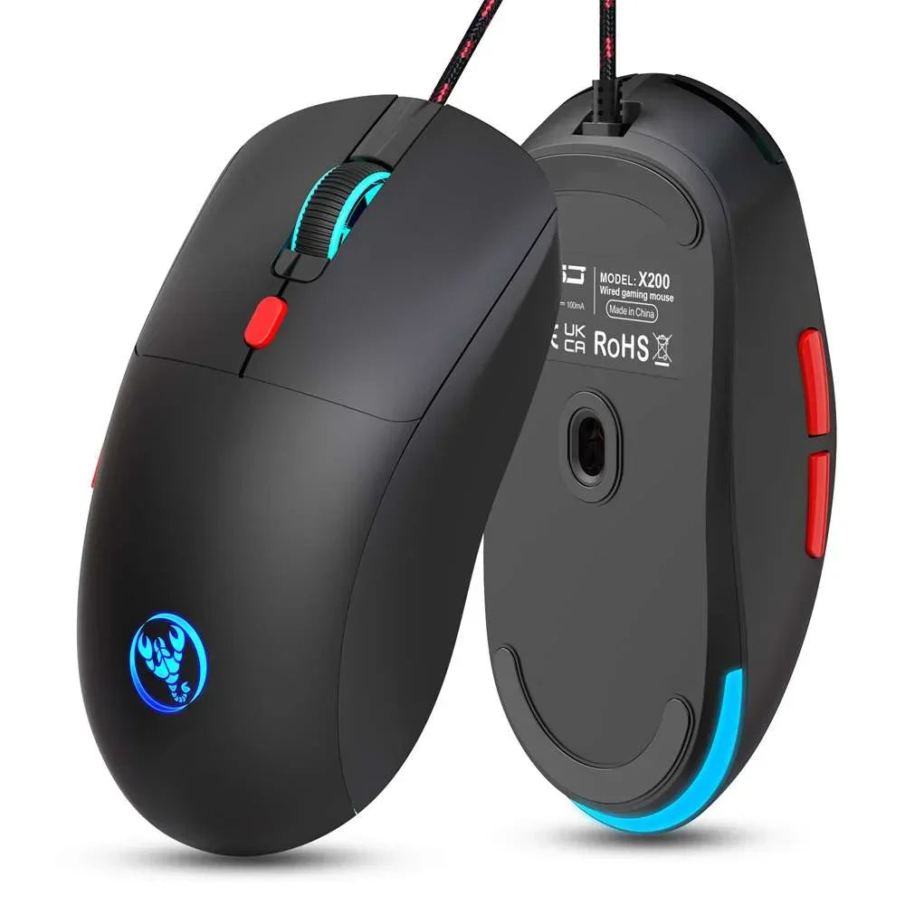 Black wired gaming mouse model X200 with blue LED logo, red buttons, and illuminated scroll wheel