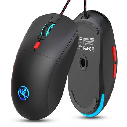 Black wired gaming mouse model X200 with blue LED logo, red buttons, and illuminated scroll wheel