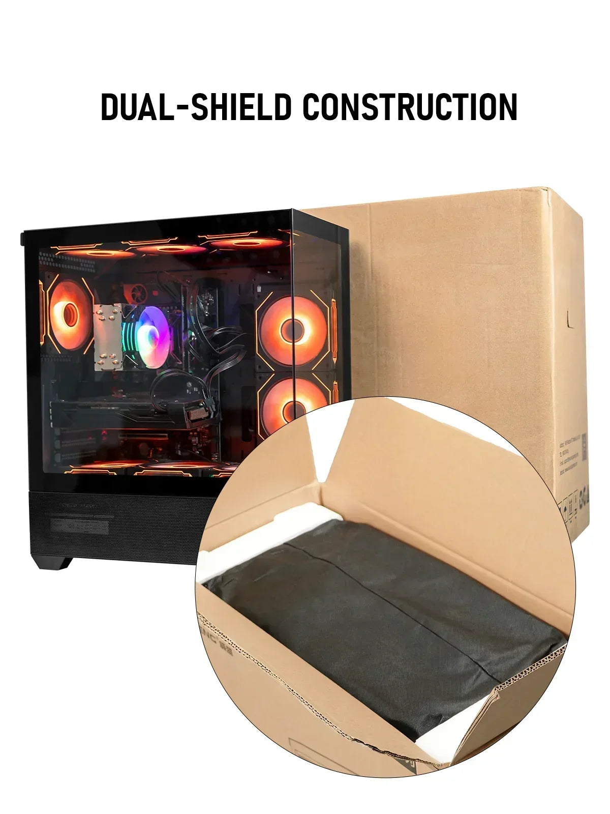 Gaming PC with RGB fans shown in protective dual-shield packaging and shipping box