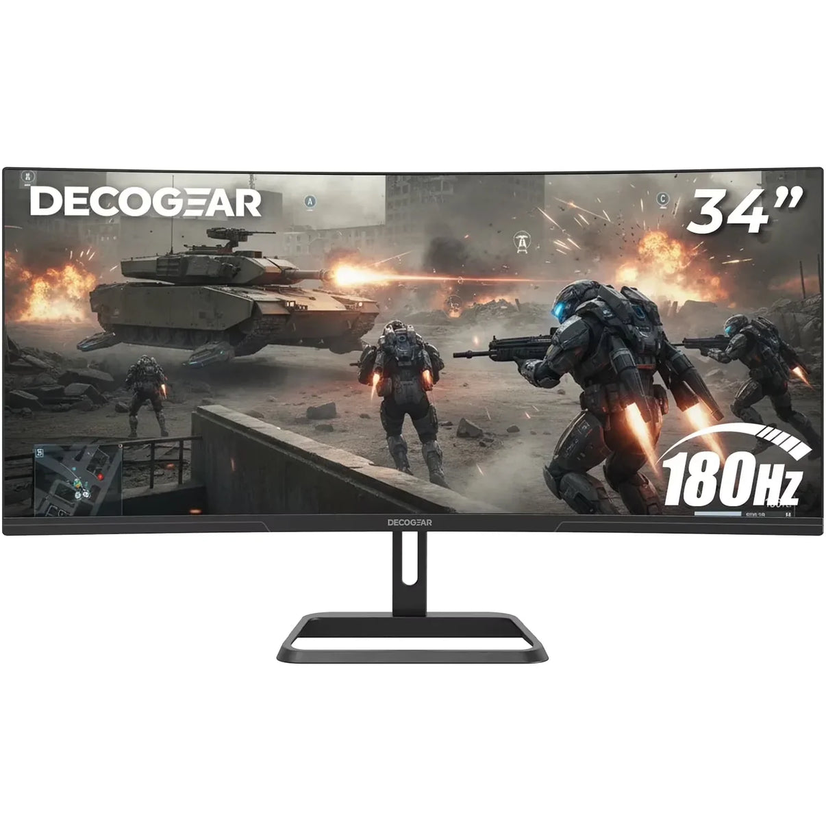 Decogear 34-inch curved gaming monitor displaying futuristic battle scene with soldiers and tank, 180Hz