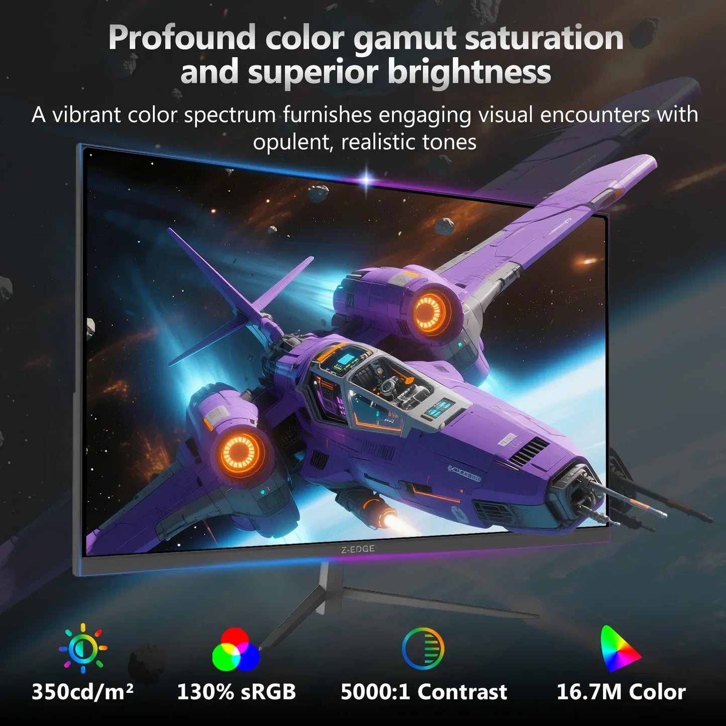 Z-EDGE gaming monitor displaying vibrant space battle scene with purple spaceship, RGB lighting, and superior brightness