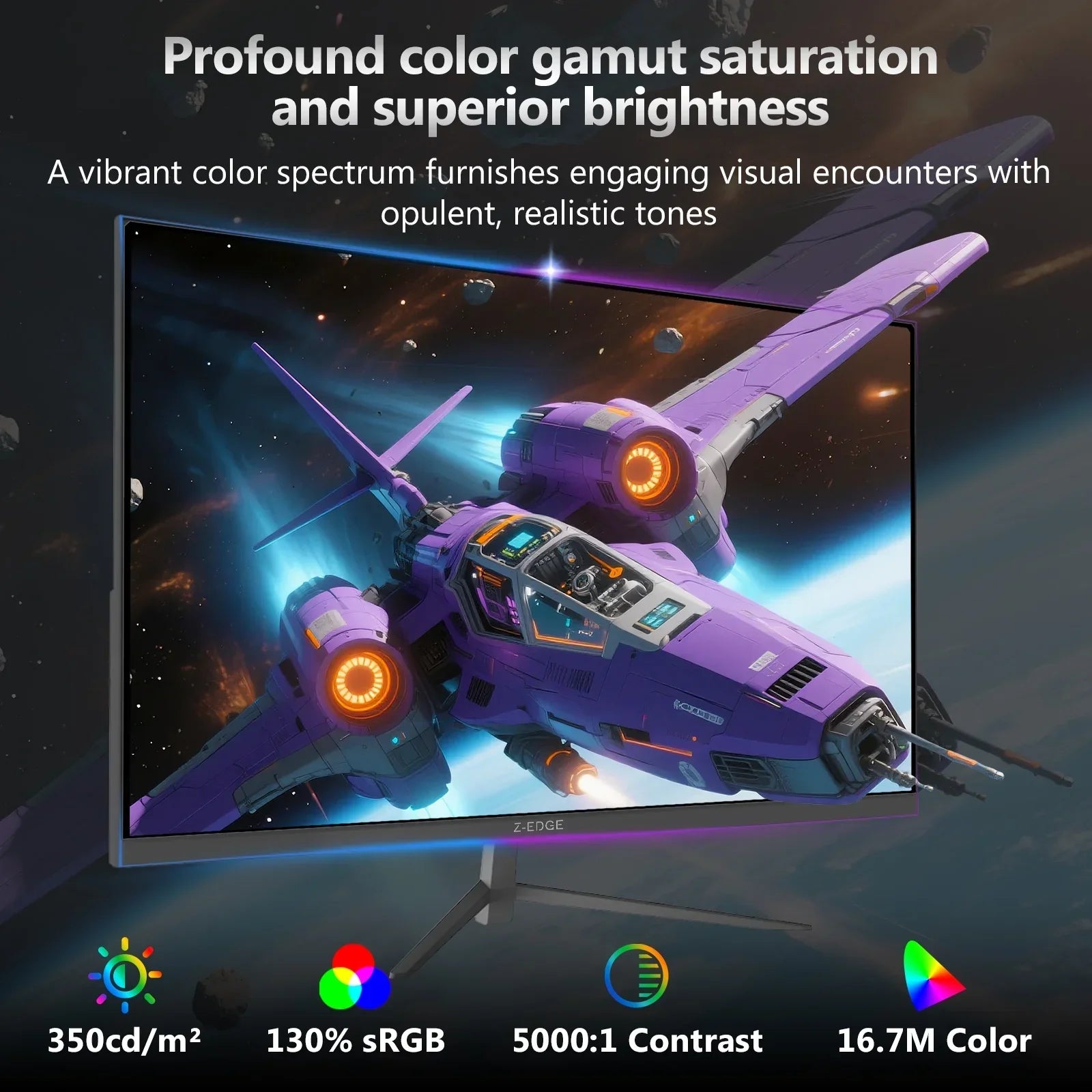 Z-EDGE gaming monitor displaying vibrant space battle scene with purple spaceship, RGB lighting, and superior brightness