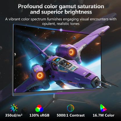 Z-EDGE gaming monitor displaying vibrant space battle scene with purple spaceship, RGB lighting, and superior brightness