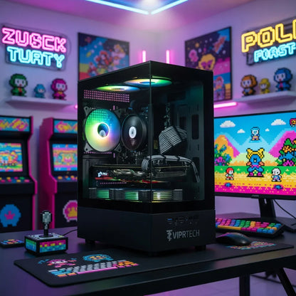 RGB gaming PC in a retro 8-bit arcade setup with neon lights and pixel art decor