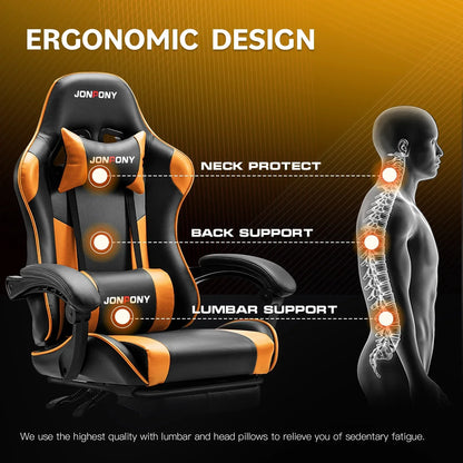 JONFONY ergonomic black and orange gaming chair with neck, back, and lumbar support highlighted