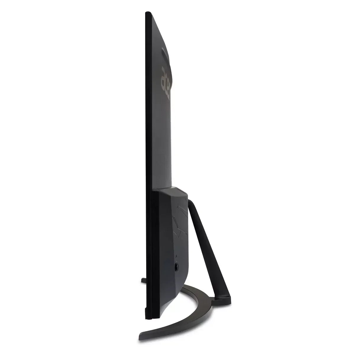 Side view of slim black Acer computer monitor with curved stand on white background