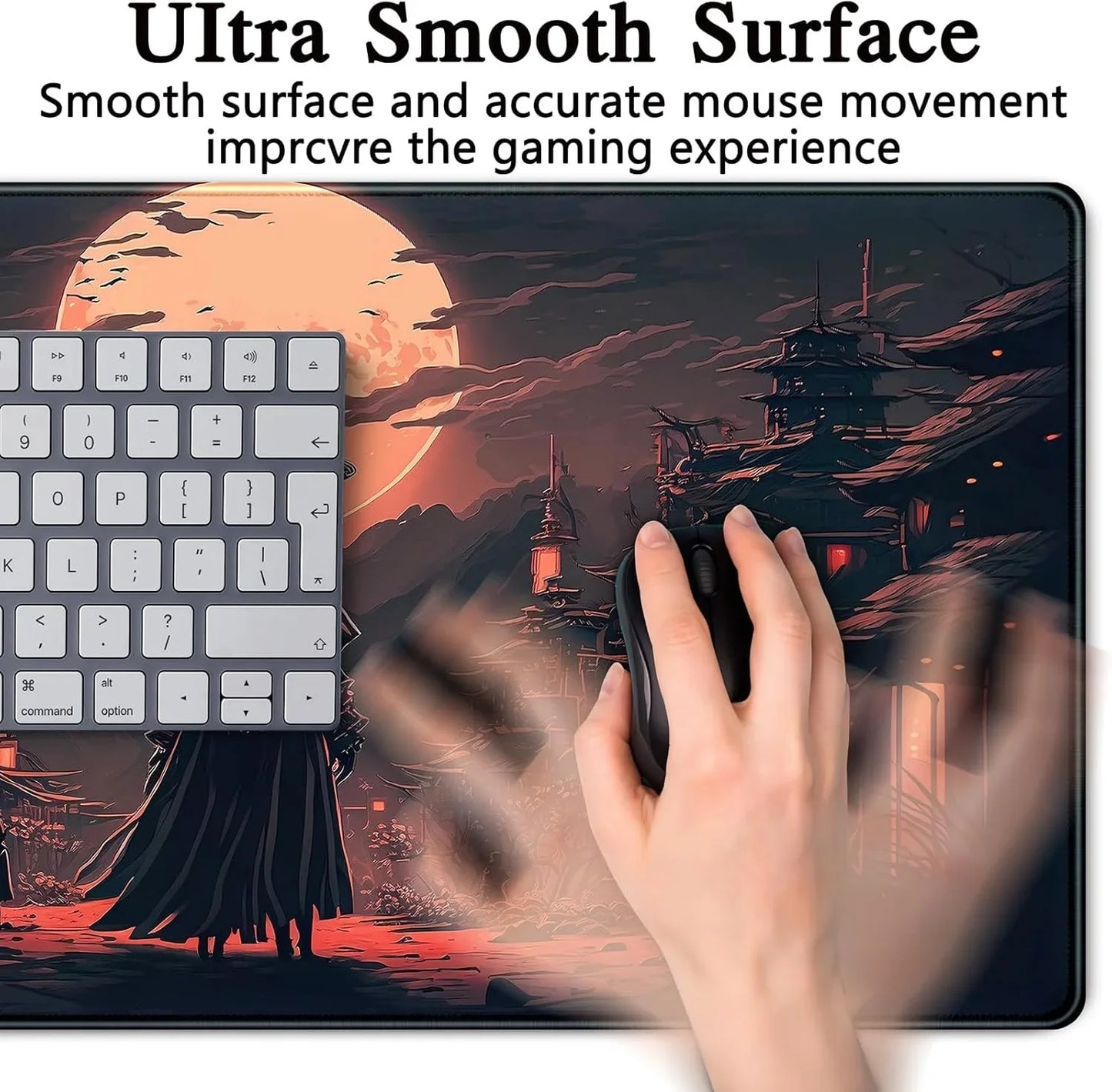 Gaming mouse on a large mousepad with a sunset samurai village design, next to a white keyboard