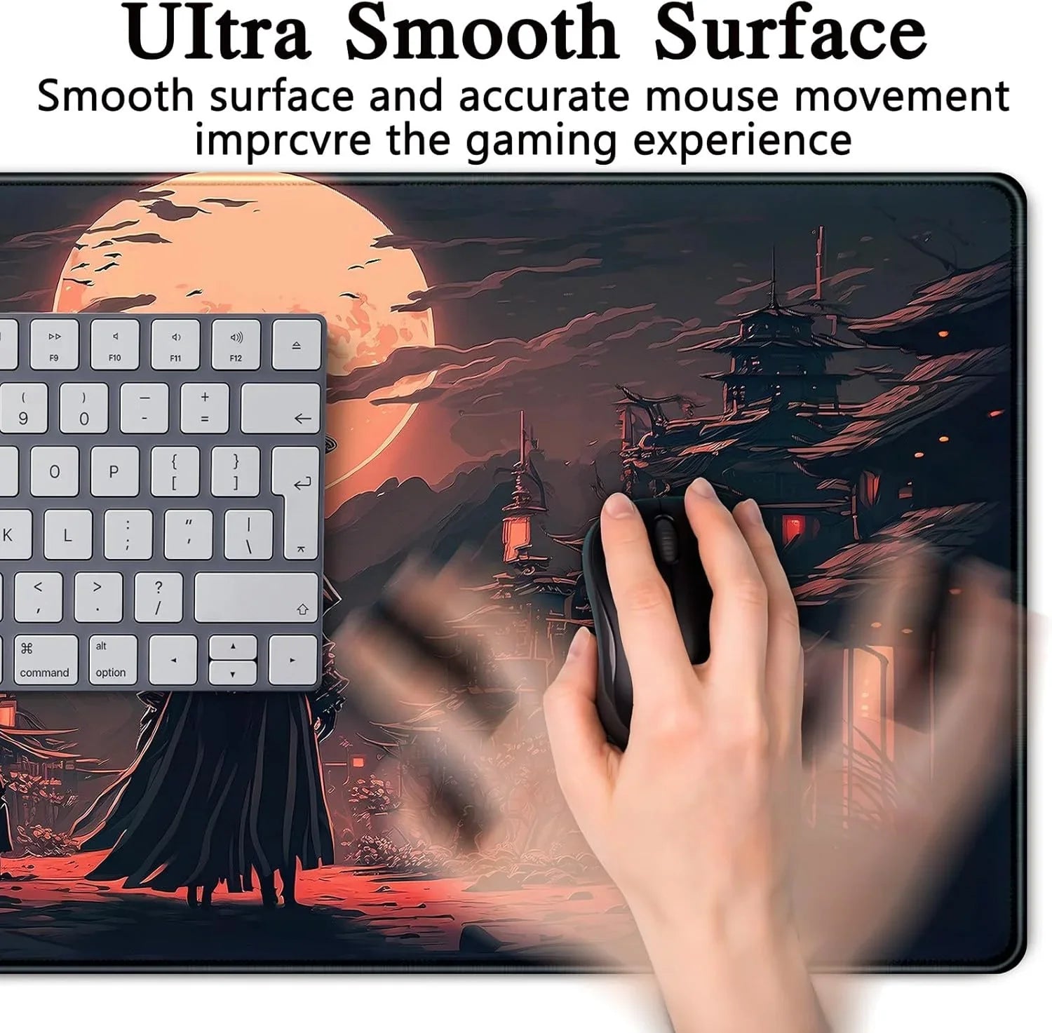 Gaming mouse on a large mousepad with a sunset samurai village design, next to a white keyboard
