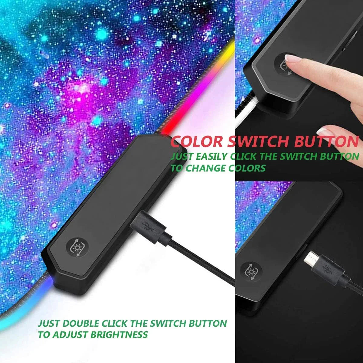 RGB LED light strip with color switch button and USB cable on cosmic galaxy background, customizable brightness