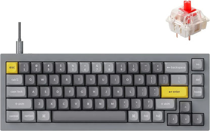 Gray mechanical gaming keyboard with yellow esc and enter keys, and a red switch, Byte Style gear