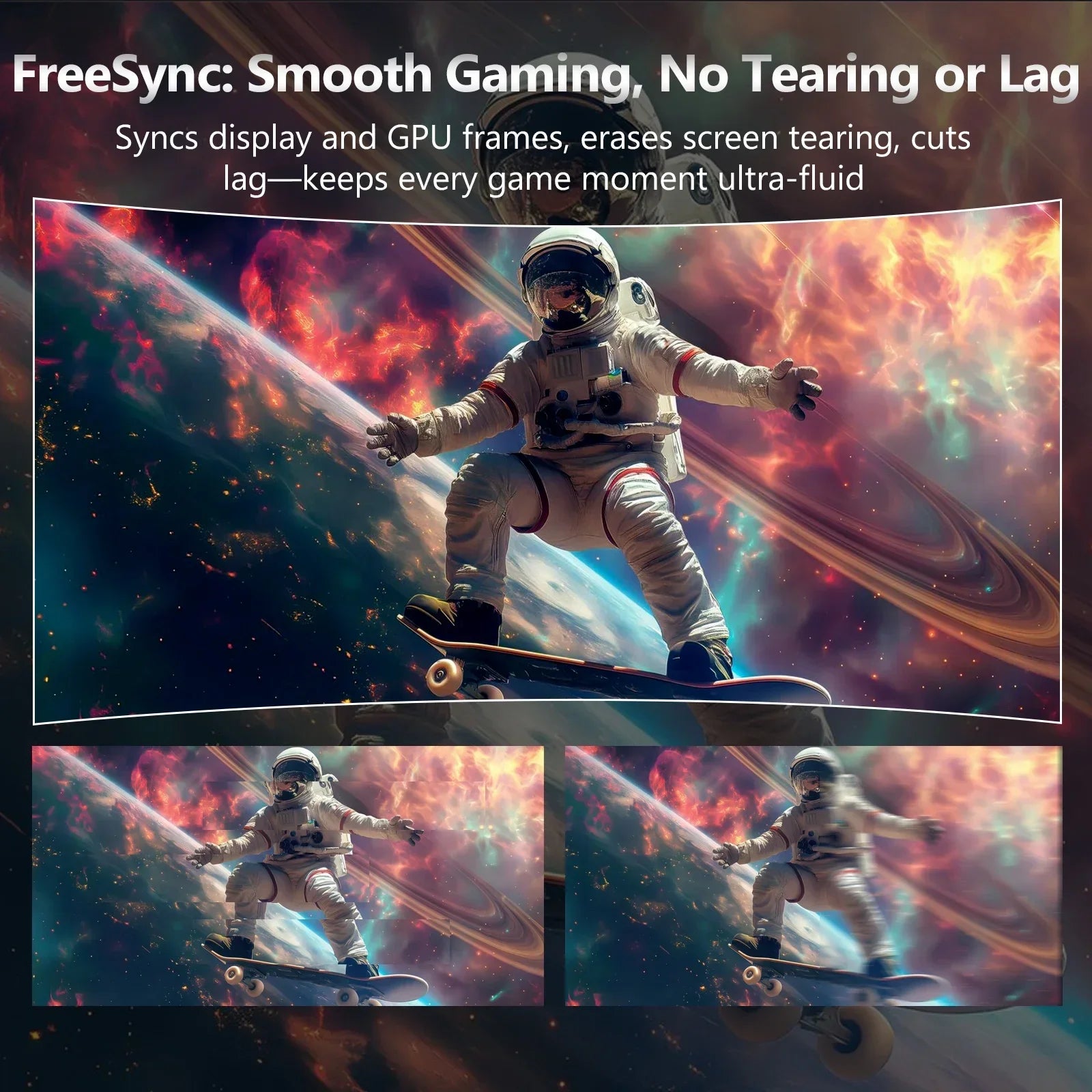 Curved gaming monitor showing a sharp image of an astronaut skateboarding in space, illustrating FreeSync smooth gaming with no lag or tearing