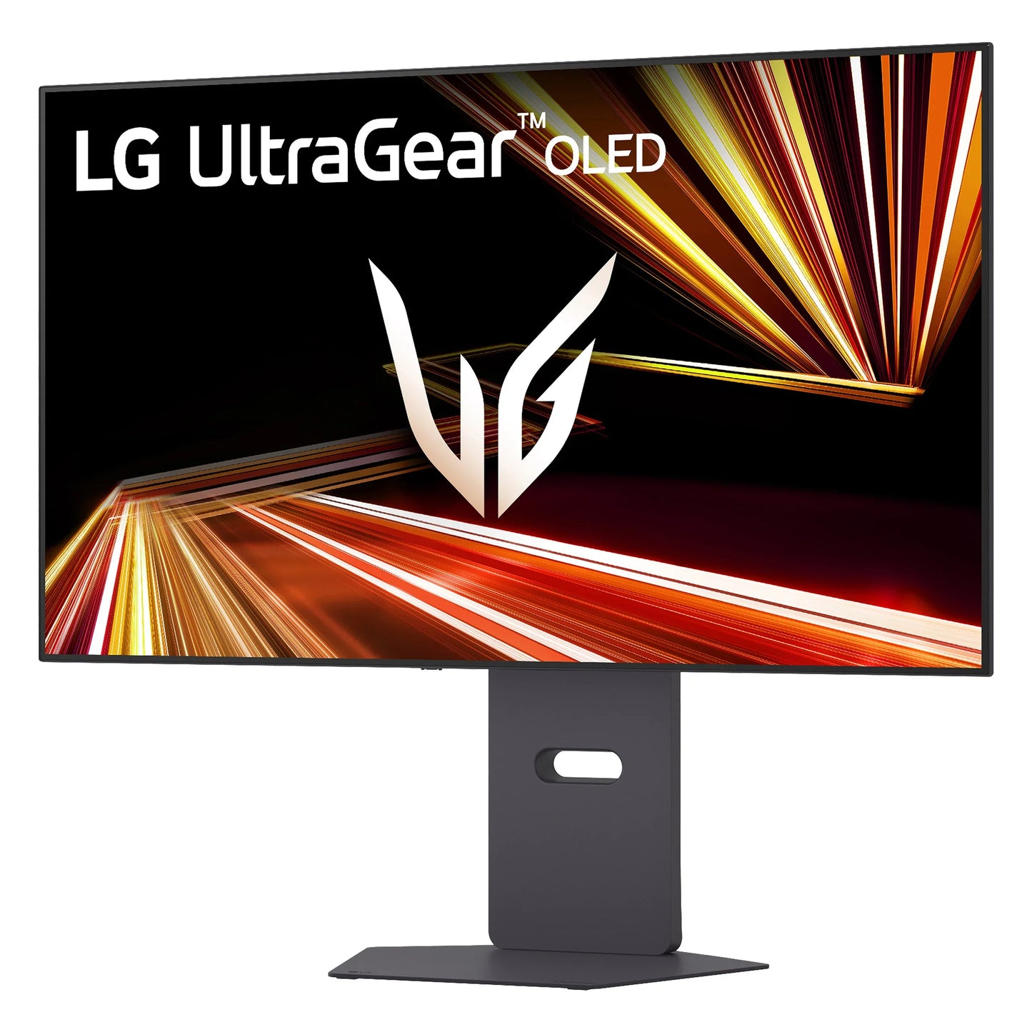 LG UltraGear OLED gaming monitor with vibrant orange and yellow light streaks on screen, black stand