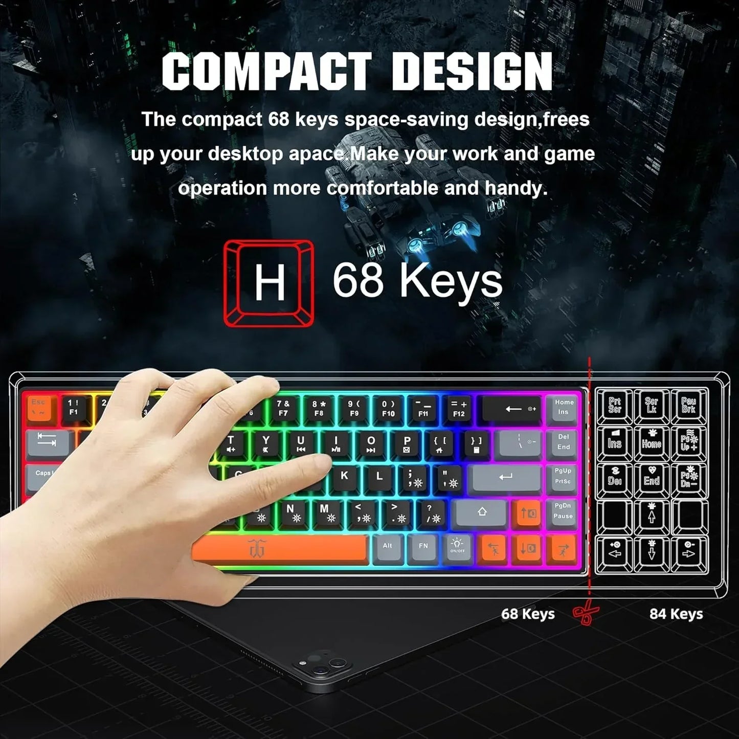 RGB gaming keyboard with 68 compact keys, hand typing, Byte Style modern setup