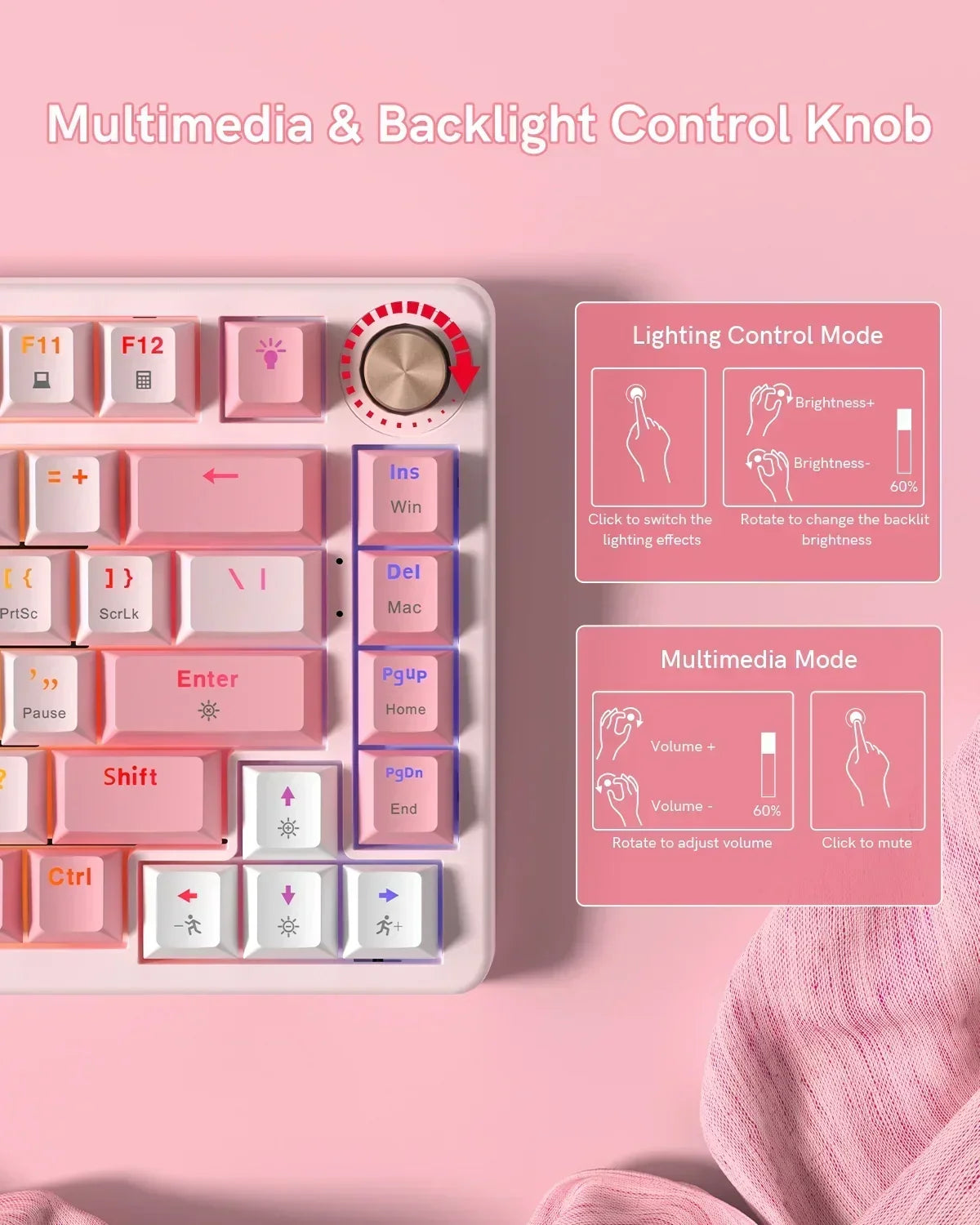 VK75 Wired Mechanical Keyboard with Multi-Function Knob, 75% Gaming Keyboard Gasket Mounted, Hot Swappable, Creamy Sound, Cherry Profile, PBT Keycaps, Pink