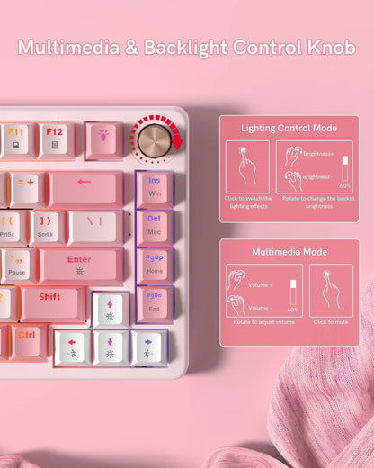 VK75 Wired Mechanical Keyboard with Multi-Function Knob, 75% Gaming Keyboard Gasket Mounted, Hot Swappable, Creamy Sound, Cherry Profile, PBT Keycaps, Pink