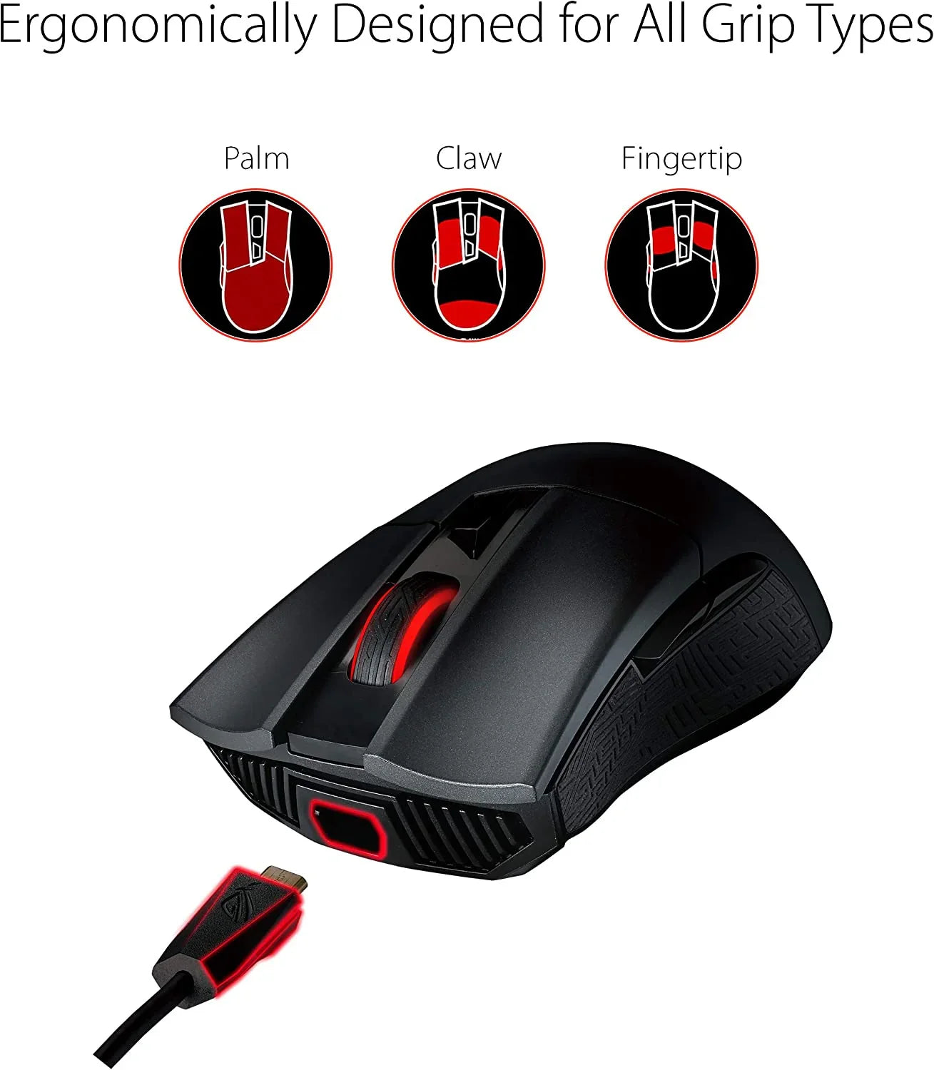 Ergonomically designed black gaming mouse with red accents, supporting palm, claw, and fingertip grips