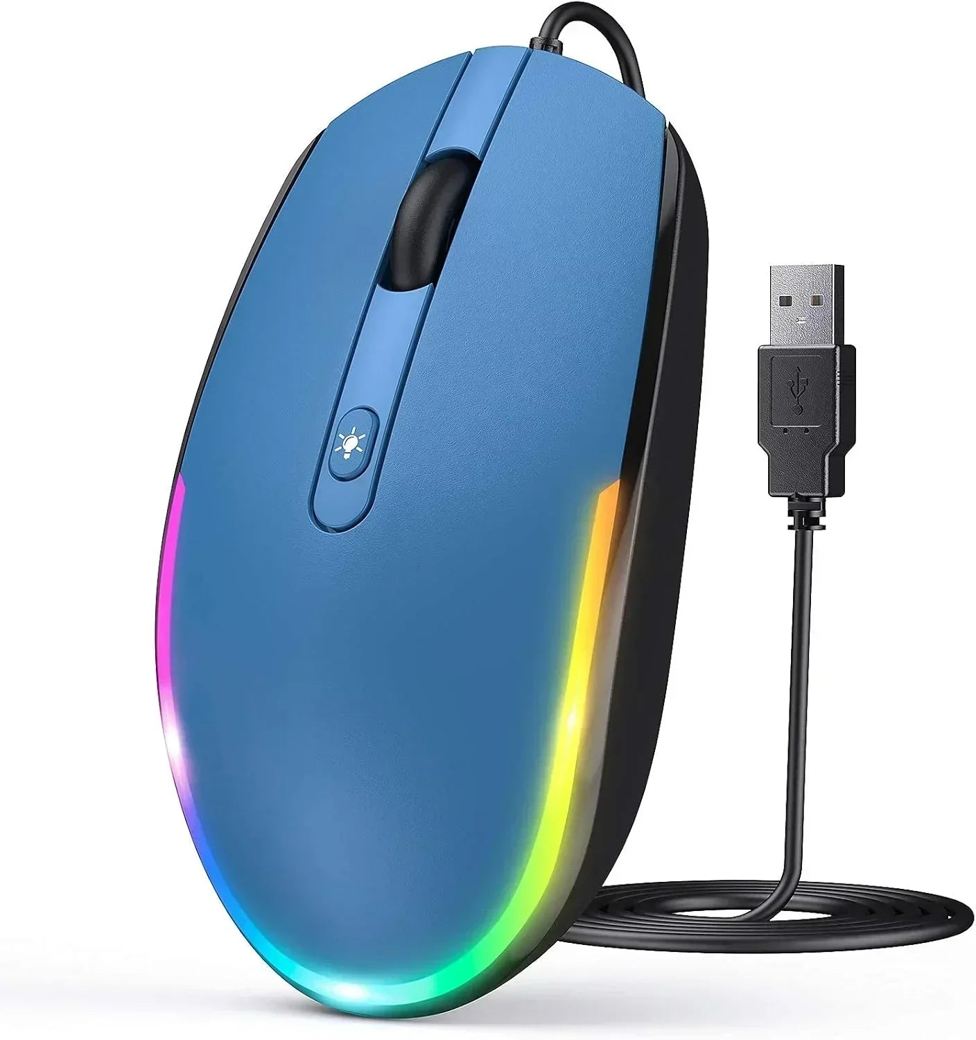 Blue wired gaming mouse with RGB lighting and USB connection