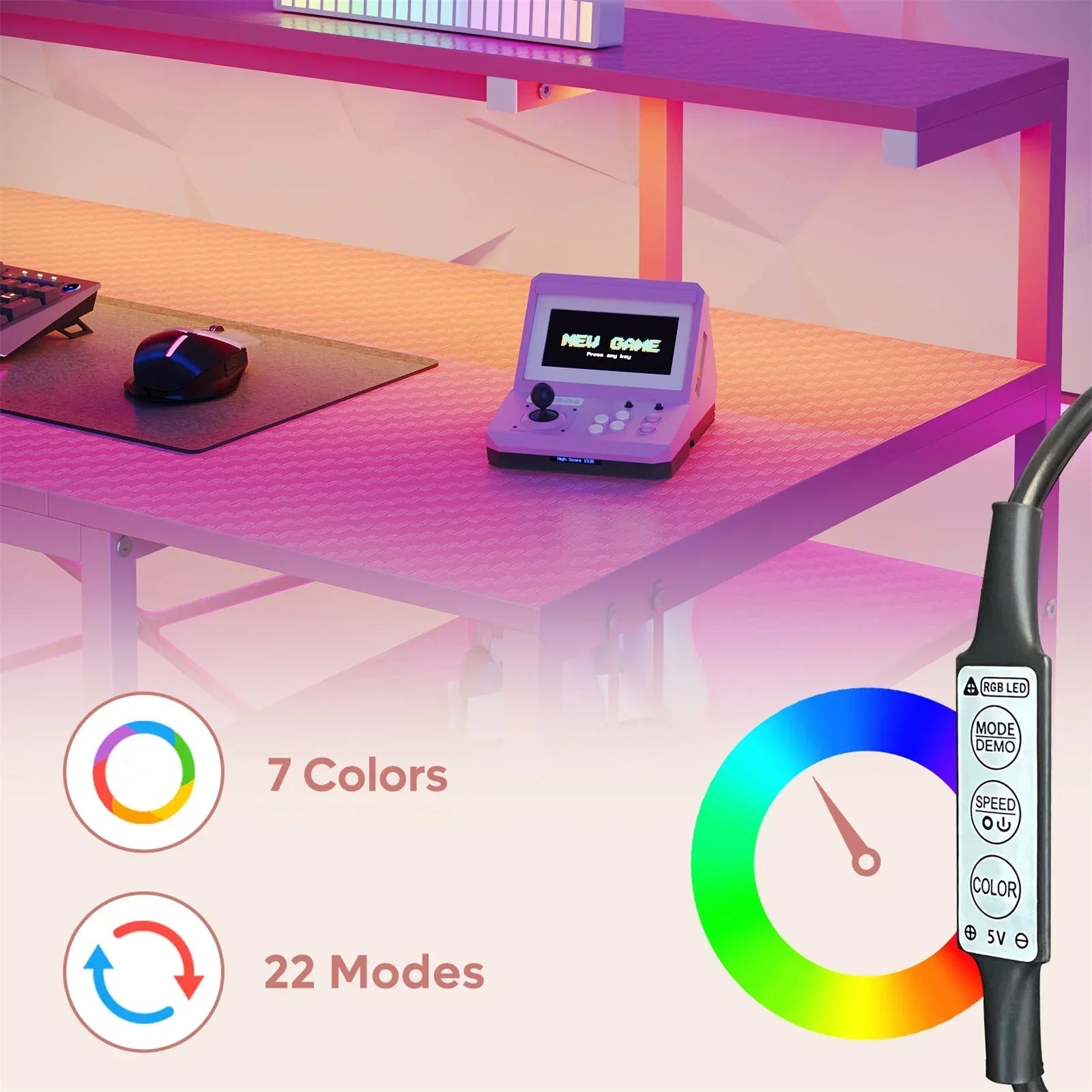 55" Pink Gaming Computer Desk with LED Light & Monitor Stand Corner Desk for Home Office, Pink Carbon Fiber