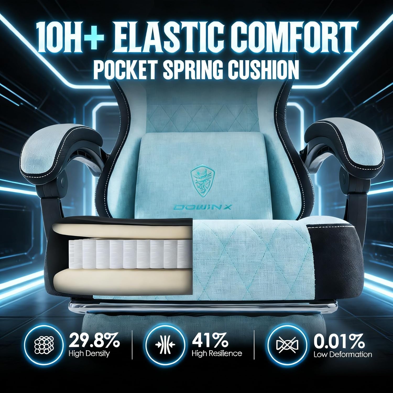 Ergonomic gaming chair with pocket spring cushion, high density foam, and 10H+ elastic comfort for long sessions