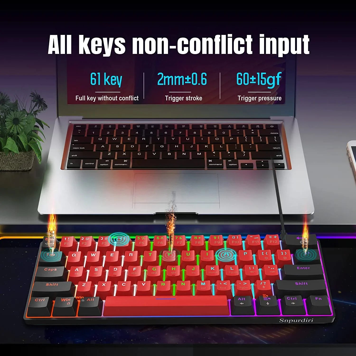 61-key mechanical keyboard with customizable RGB lighting and non-conflict input features shown next to a laptop keyboard
