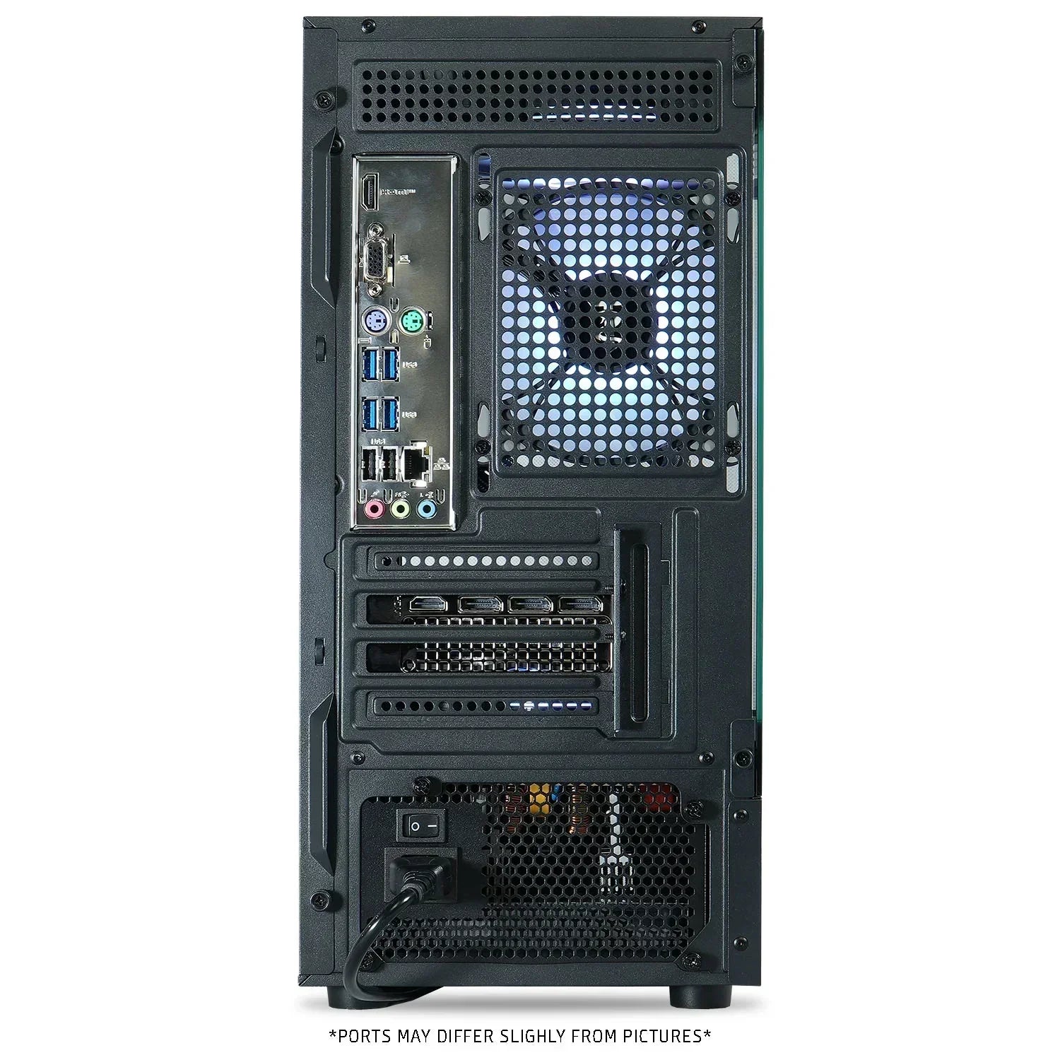 Back view of gaming PC tower showing multiple USB ports, video outputs, and cooling fan