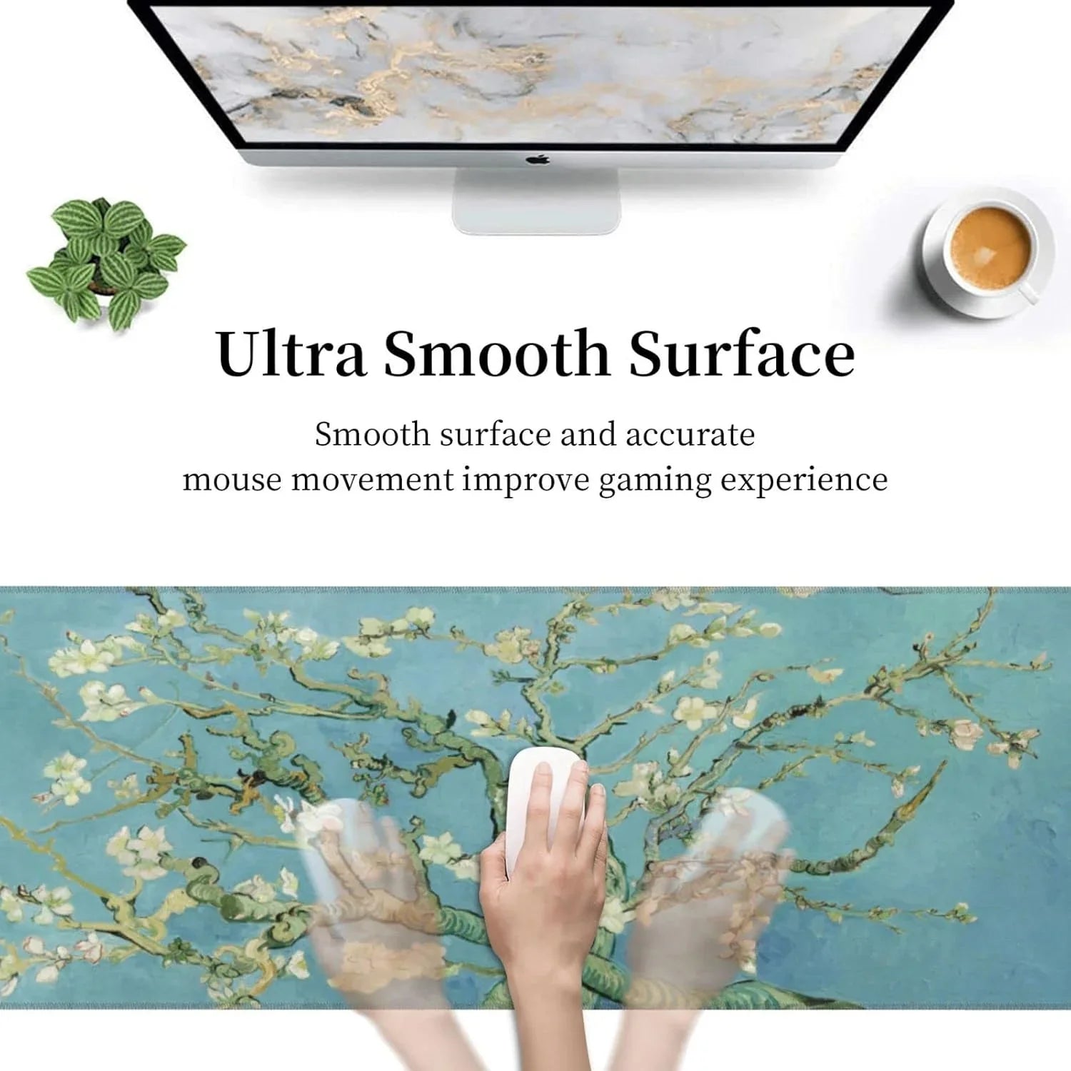 Gaming mouse on floral blue ultra smooth surface mouse pad with computer, plant, and coffee cup