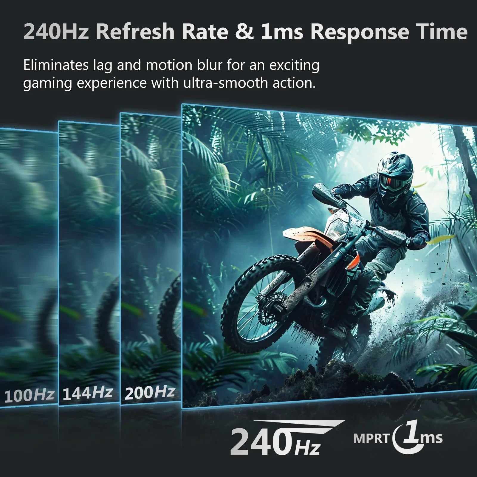 Graphic showing 240Hz refresh rate and 1ms response time with a dirt bike rider in a forest, highlighting smooth gaming motion