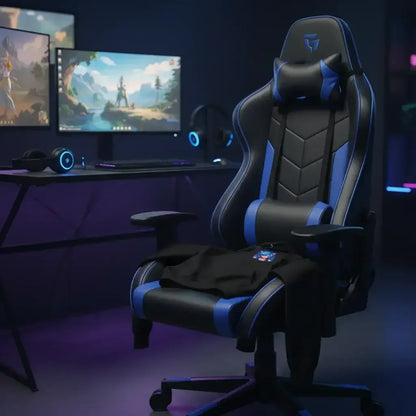 Black and blue ergonomic gaming chair with lumbar and neck cushions in a modern gaming setup