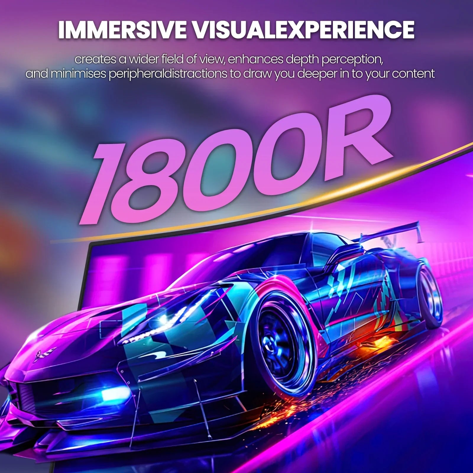 Vibrant blue and purple sports car with neon lights and sparks, promoting immersive 1800R curved display