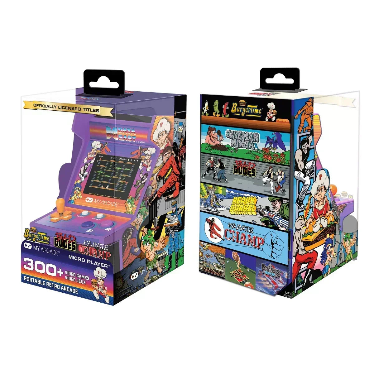 Retro 8-bit mini arcade game machine with colorful pixel art, 300+ games, classic arcade design