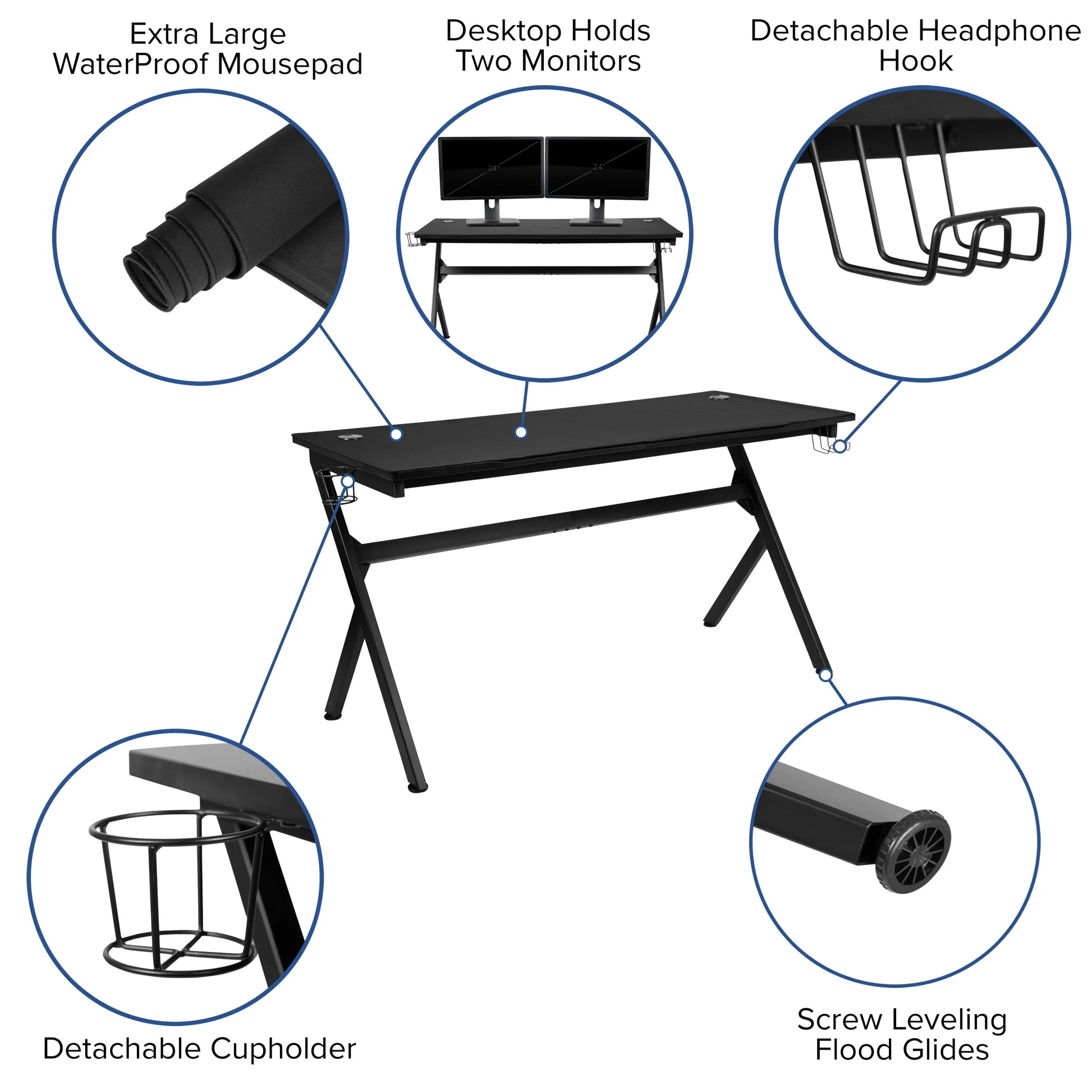 Black gaming desk with waterproof mousepad, dual monitor setup, detachable cupholder, headphone hook, and leveling feet