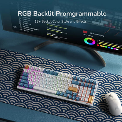 RGB backlit mechanical keyboard with colorful keycaps and customizable lighting on patterned desk mat with white gaming mouse