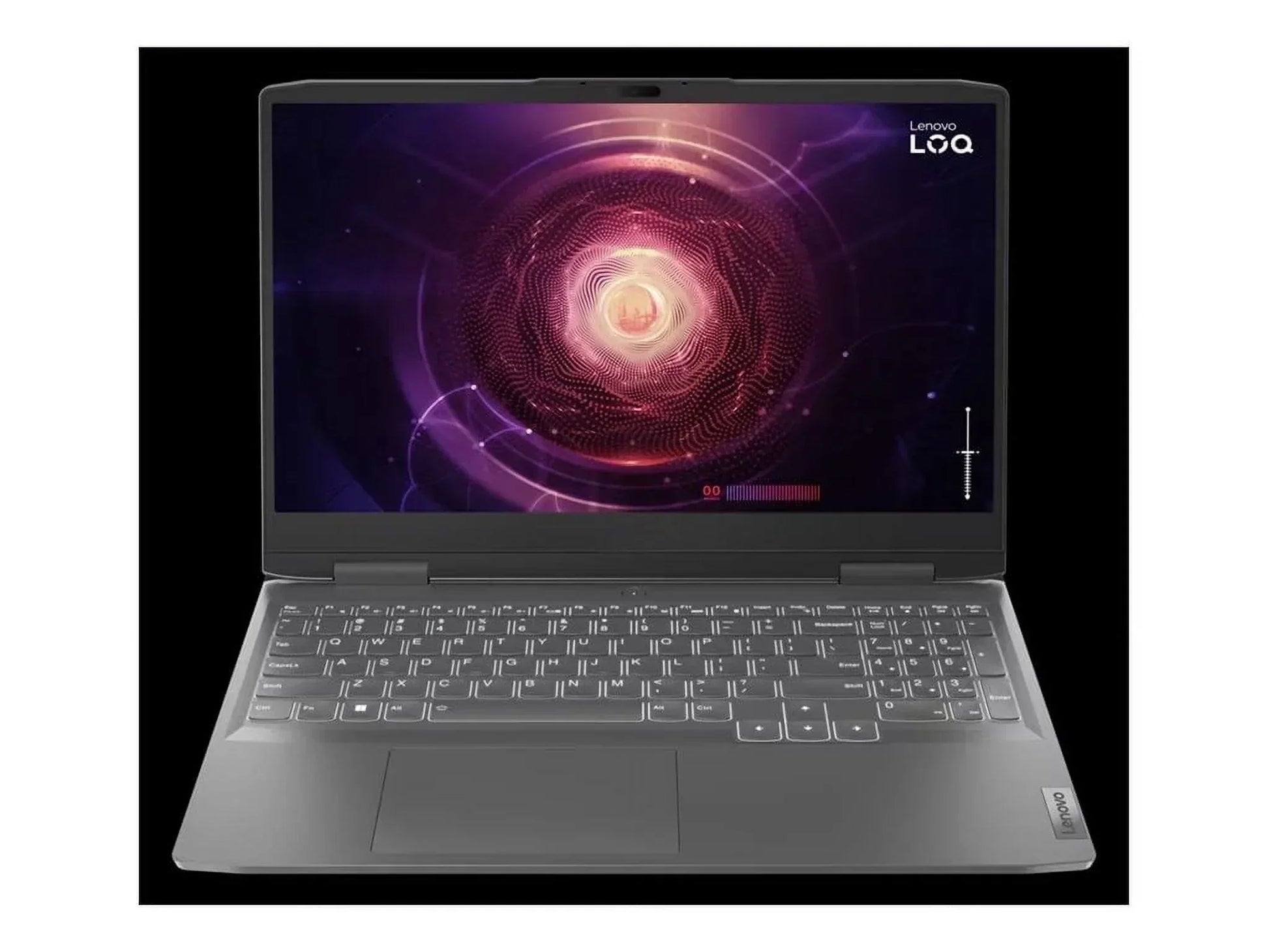 Gaming laptop with illuminated keyboard and digital vortex graphic on screen