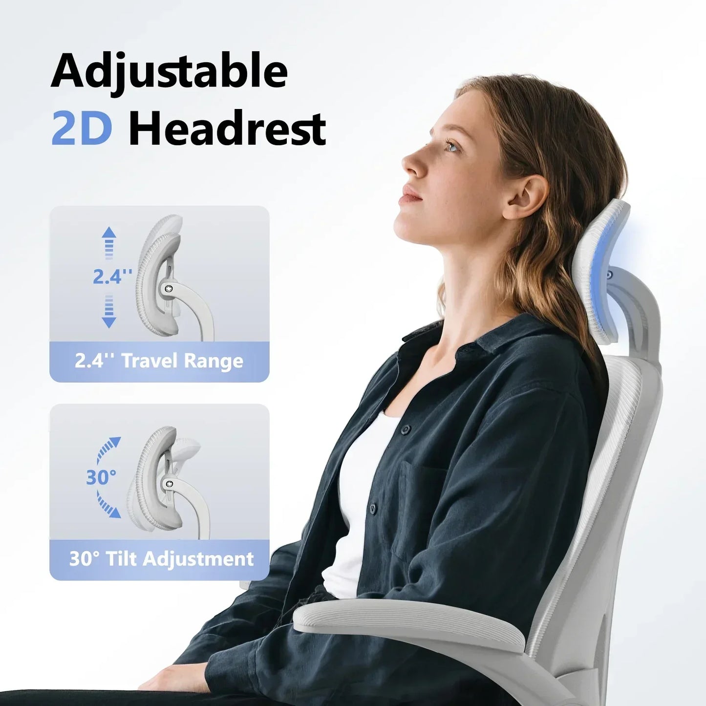 Adjustable 2D headrest gaming chair with 2.4" travel and 30° tilt for ergonomic support