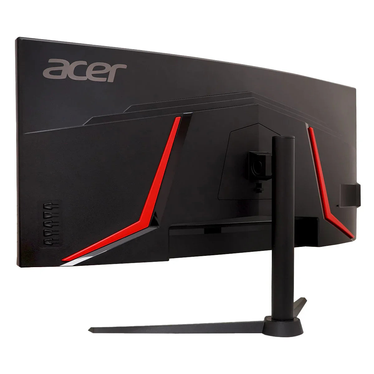 Rear view of black Acer ultra-wide curved gaming monitor with red accents and adjustable stand