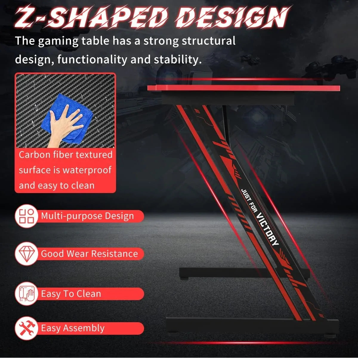 Z-shaped black and red gaming table with carbon fiber textured waterproof surface and easy assembly