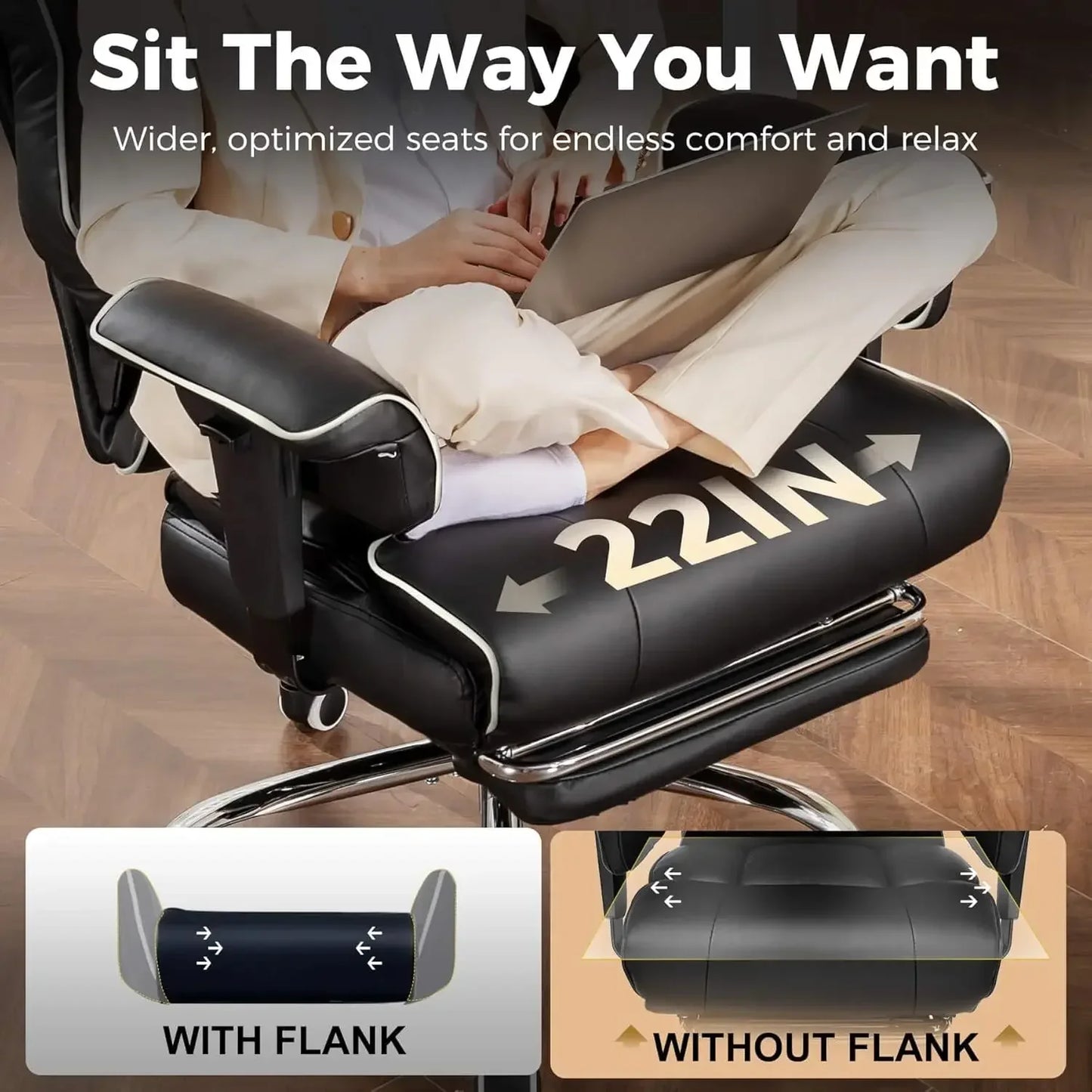 Wide 22-inch gaming chair with flank support for comfort, shown with person using laptop
