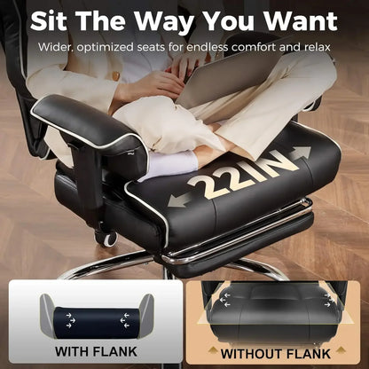 Wide 22-inch gaming chair with flank support for comfort, shown with person using laptop