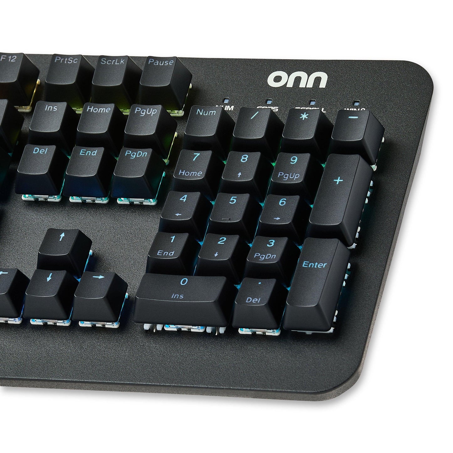 onn gaming keyboard with RGB backlit keys, numeric keypad, and black matte finish