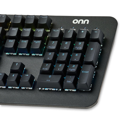 onn gaming keyboard with RGB backlit keys, numeric keypad, and black matte finish
