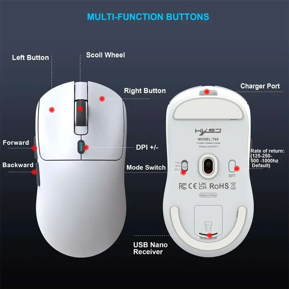 Wireless Gaming Mouse,Long Battery Standby,3 Mode Wired/2.4G/Bluetooth 5.1 Portable Rechargeable Gaming Mice for Pc/Mac/Computer/Laptop/Tablet,White