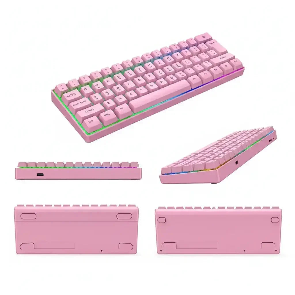 Byte Style compact pink mechanical keyboard with customizable RGB backlighting and USB-C port shown from multiple angles