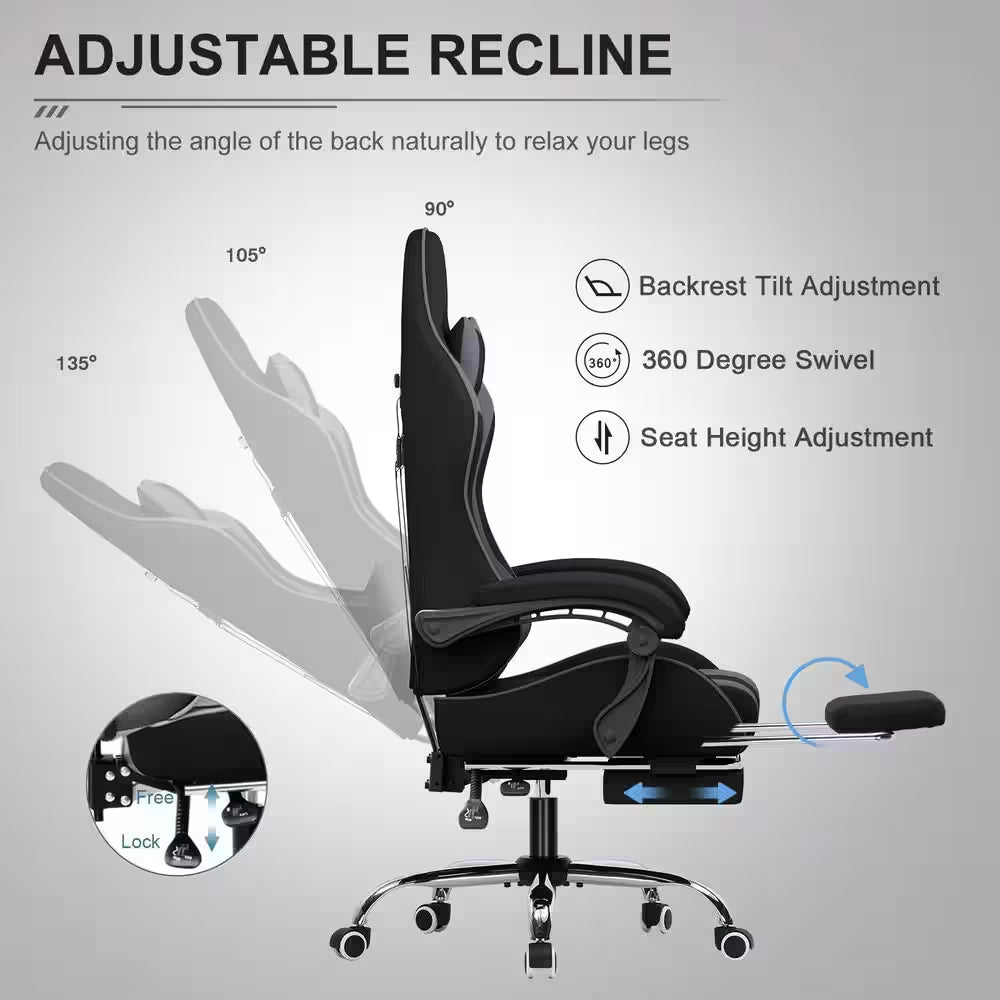 Adjustable gaming chair with recline, 360° swivel, and height adjustment for ergonomic comfort